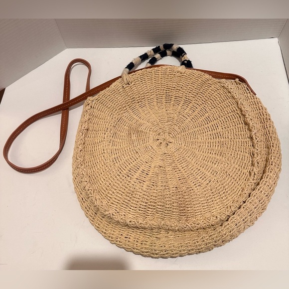 Crew Round Woven Straw Crossbody Bohemian Bag Leather